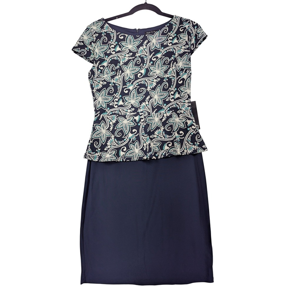 Sami & Jo Womens Dress‎ Size S Navy Blue Floral Peplum Sheath Knee Length
